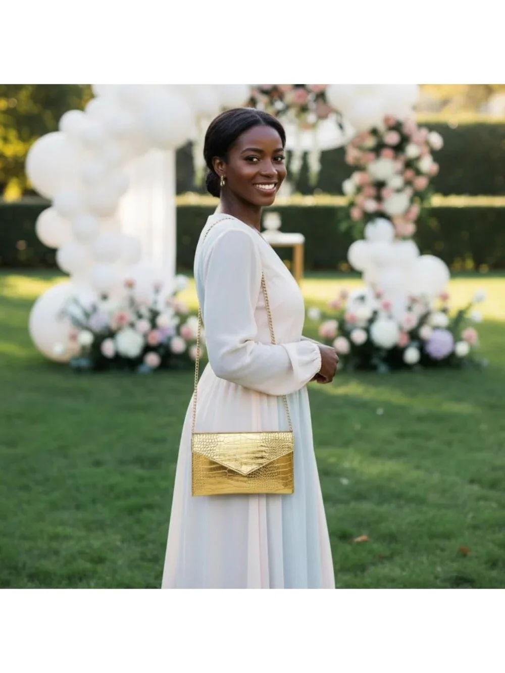 Chic Metallic Gold Envelope Clutch Purse with Detachable Chain for Women